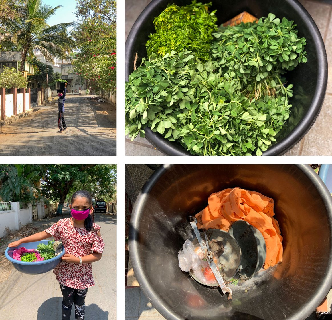 Top row: Paras Mardikar, 11, carries 4-5 kilos of vegetables on his head every morning to sell them in two colonies of Latur city. Bottom row: His sister Srusthi, 12, sells packed vegetable bundles on a different route, and carries a weighing scale and a 500-gram weight measure too

