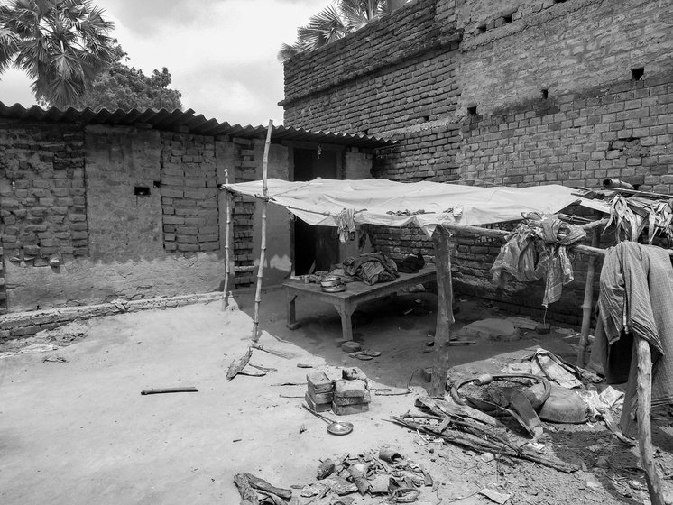 The unplastered, dipalidated house of Muneshwar Manjhi in the Musahari tola near Patna city.