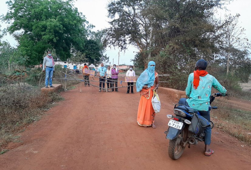 Left: In Siyadehi village of Dhamtari district, Sajjiram Mandavi, a farm labourer, says, 'We are stopping all those coming here to avoid any contact'. Right: We saw similar barricades in Lahsunvahi village, two kilometres from Siyadehi