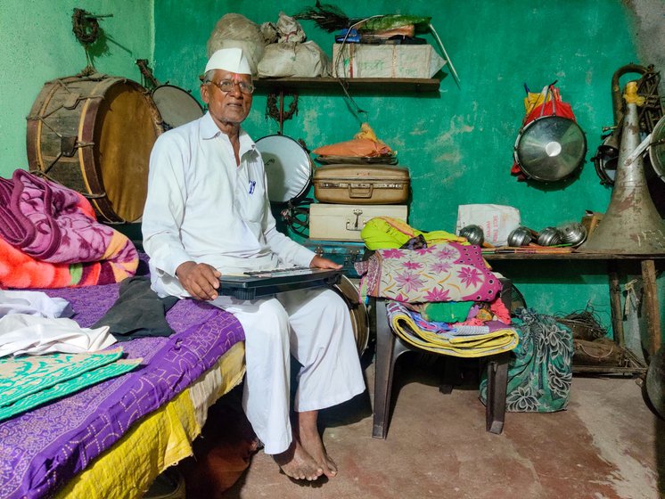 Left: A photo of the band in which Purushottam Misal (seen extreme left) played the trumpet. Right: Baburao Misal with his musical instruments at home