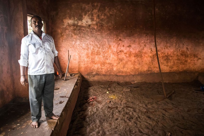 Left: Bajrang and his mother, Pushpa Gaikwad; their house was flooded in July 2021. Right: Coach Maruti Mane inspecting the rain-ravaged taleem. The floods came after a year-plus of no wrestling bouts due the lockdowns