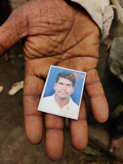 Left: A photo of Balaji Hattagale. He was 22 when he left home in November 2020. Right: Babasaheb and Sangita at home in Kadiwadgaon village