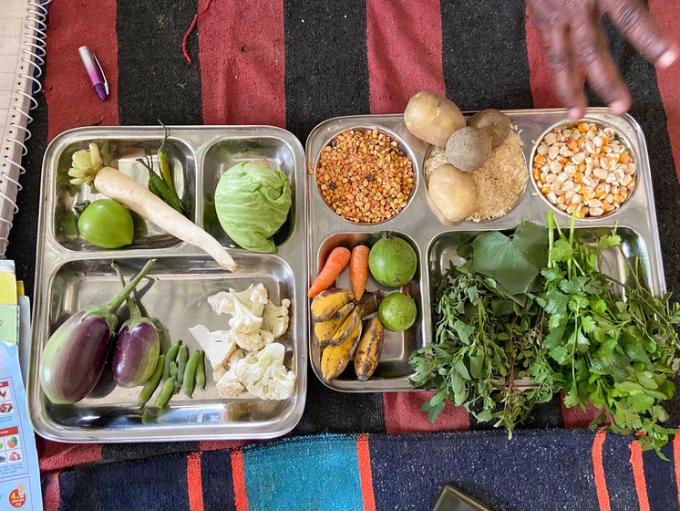 Early marriage and pregnancies combine with poor nutrition and facilities in Bihar's villages, where many of the houses (left), don't have toilets or cooking gas. Nutrition training has become a key part of state policy on women’s health – an anganwadi worker in Jalalgarh block (right) displays a balanced meal’s components