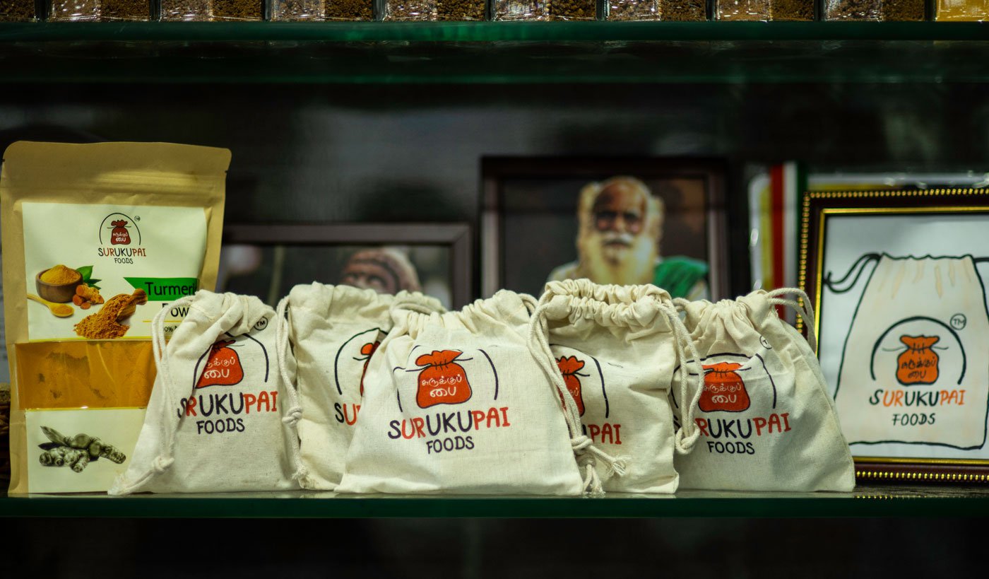 Akshaya's Surukupai Foods products on display in Akshaya Home Appliances, the store owned by her parents