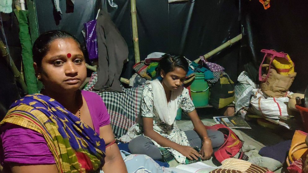 Left: 'Where will we go?' asks Neelam Mehta, while her daughter Neha struggles to study. Right: Dhiren Mondo asks, 'Tell me, where should we go?'