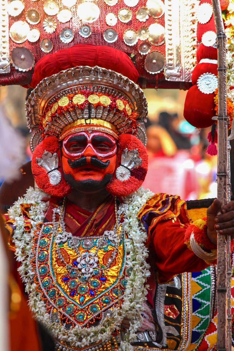 Various communities have their own bhuta or daiva, such as Kinnimani Daiva (left) and Rahu Guliga (right)