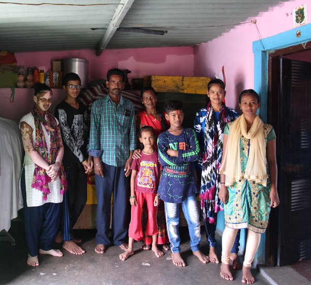 Left: Chandni with her parents and siblings at their home. She is the oldest of four sisters and two brothers. Right: Chandni and Asha with Asha's parents, brother, niece and a neighbour, at Asha's home