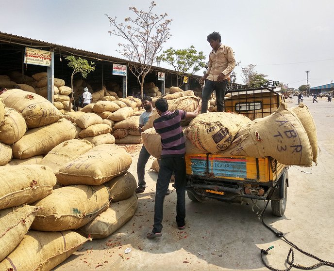 Jute bags stuffed with mirchi for sale to the exporters in Guntur Mirchi yard