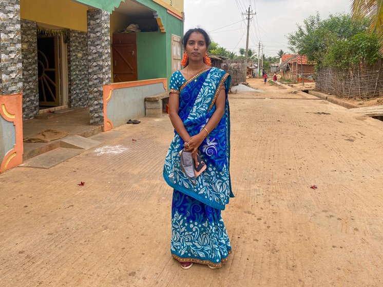 Jayamma (left) sits and sleeps under this tree in the Kadugolla hamlet of D. Hosahalli during her periods.  Right: D. Hosahalli grama panchayat president Dhanalakshmi K. M. says, ' I’m shocked to see that women are reduced to such a level'