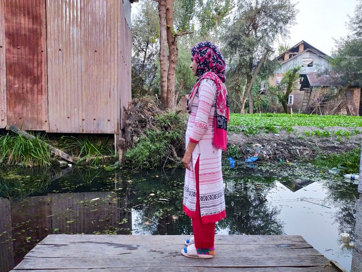 Left: Andleeb Fayaz Baba's father has been unable to sell vegetables by boat for months. Right: The houseboats have been empty this tourist season