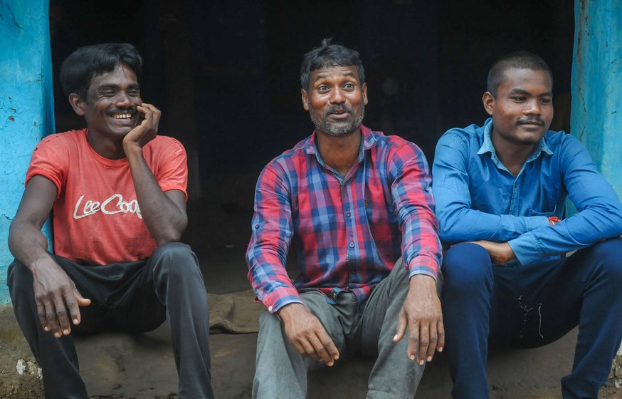 Left: Laxman Shahare has been migrating for work for more than 20 years. Right: Vijay Koreti with Humraj Bhoyar (centre) and Amar Netam (right) in Zashinagar

