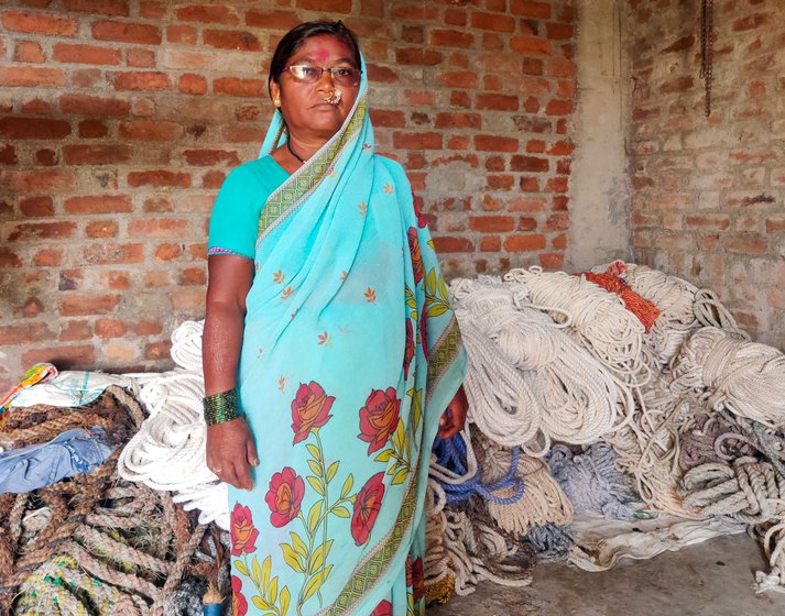 Left: Lakshmi outside her house in Kamkheda. Right: Their unsold stock of ropes is deteriorating and almost going to waste