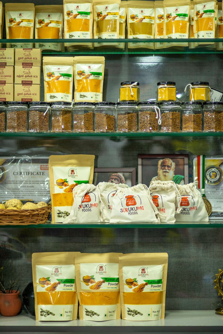 Left: Akshaya with a surukupai, or drawstring pouch, made of cotton cloth. Right: The Surukupai Foods product range