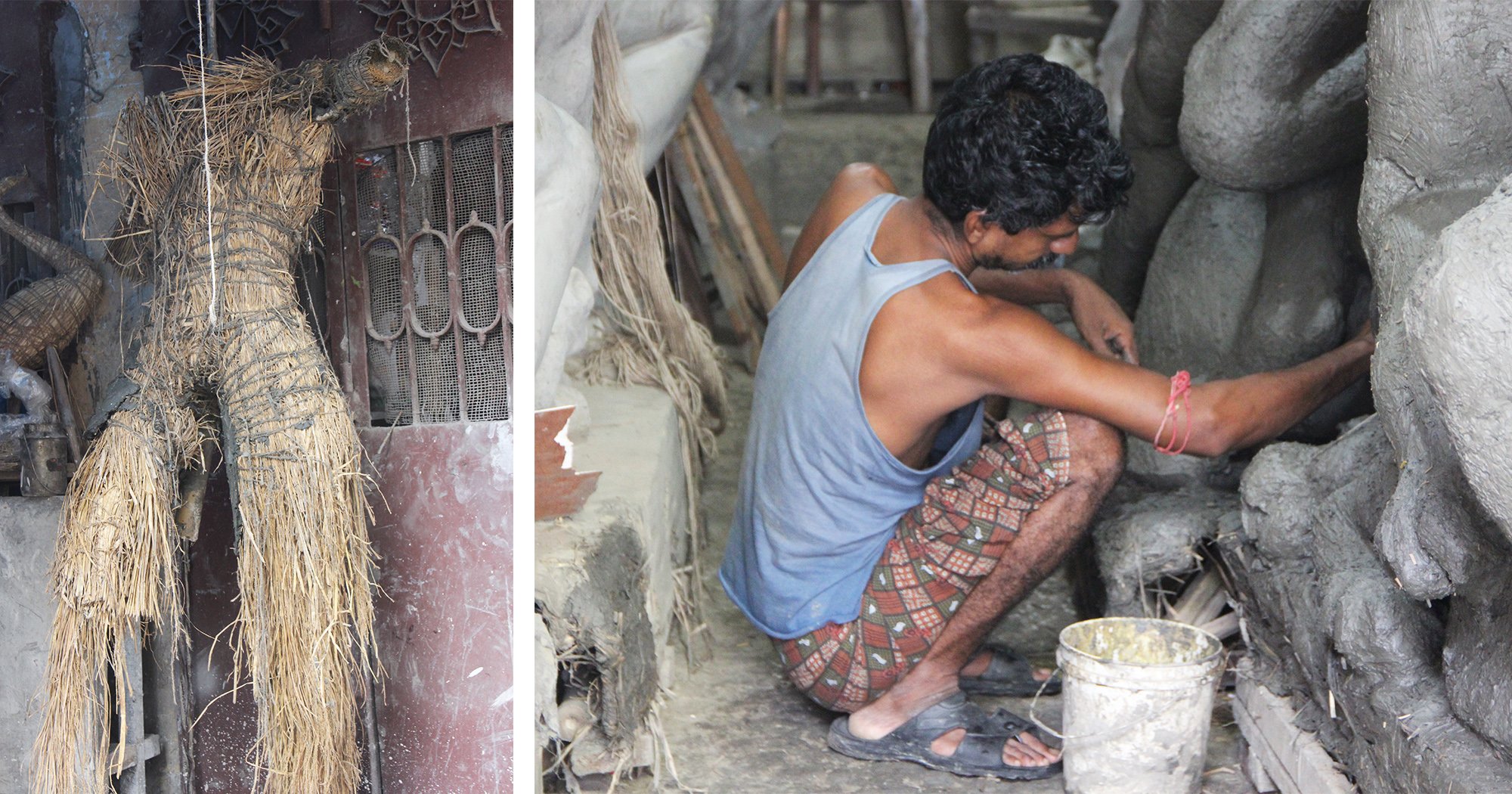 An artisan applies sticky black clay on the straw structure to give the idol its final shape; the clay structure is then put out in the sun to dry for 3 to 4 days