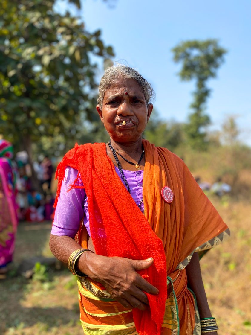 Left: Gulab Dongarkar, an agricultural labourer from Kanchad village: We have been sitting here since 10 a.m. It’s been very hard for us to get work during Covid. We want the government to give us at least 10 kilos of rations [instead of five, which too many did cannot access]'. Right: Janki Kangra  and her 11-member family cultivate rice, jowar, bajra and millets on three acres, while battling, she said, the forest department's strictures

