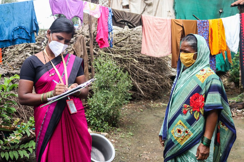 After the floodwater had receded, Shubhangi Kamble was tasked with disinfecting water (left) and making a list (right) of the losses incurred by villagers