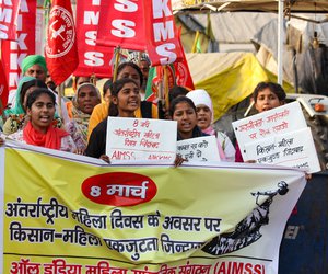 Activists from the All India Mahila Sanskritik Sangathan (AIMSS) marching at the Singhu border against the three farm laws on March 8.  

The farmers have been opposing these laws: The Farmers’ Produce Trade and Commerce (Promotion and Facilitation) Act, 2020 ; The Farmers (Empowerment and Protection) Agreement on Price Assurance and Farm Services Act, 2020 ; and The Essential Commodities (Amendment) Act, 2020. The laws were first promulgated as ordinances on June 5, 2020, then introduced as farm bills in Parliament on September 14 and then hastened through as Acts on the 20th of that month.

The laws the farmers oppose have also been criticised as disabling the right to legal recourse of all citizens, undermining Article 32 of the Indian Constitution.