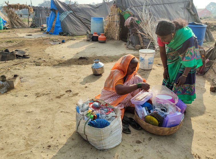 The 70-year-old carries her wares in a bamboo basket and a tarpaulin bag which she opens out (right) when a customer comes along