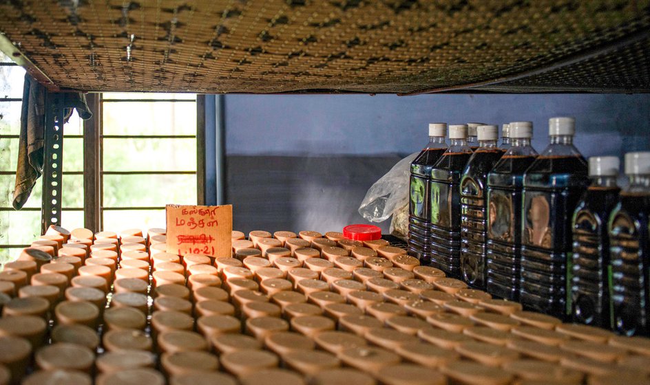 Soaps and bottles of hair oil, ready to be sold