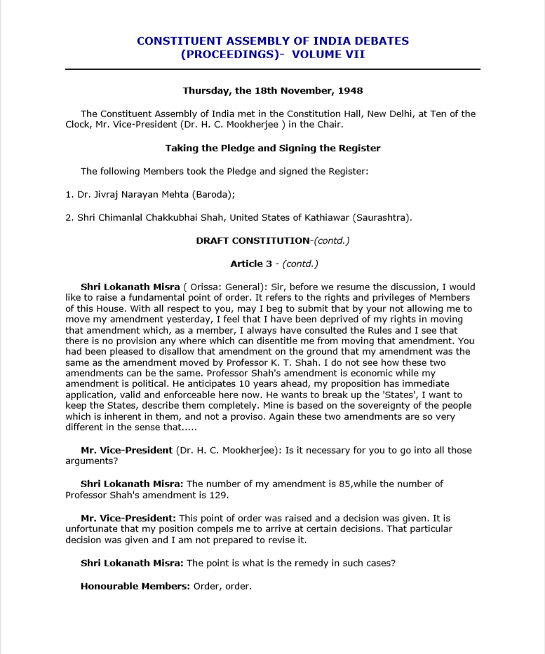 Article 4 in the Constituent Assembly of India Debates (Proceedings): Volume VII – November 18, 2019