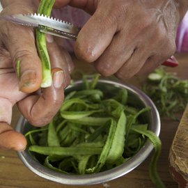 The ridge gourd peels are long and slim, absorbing flavours easily. For the turoi, or ridge gourd, she uses the vegetable and its peel separately to make two different dishes