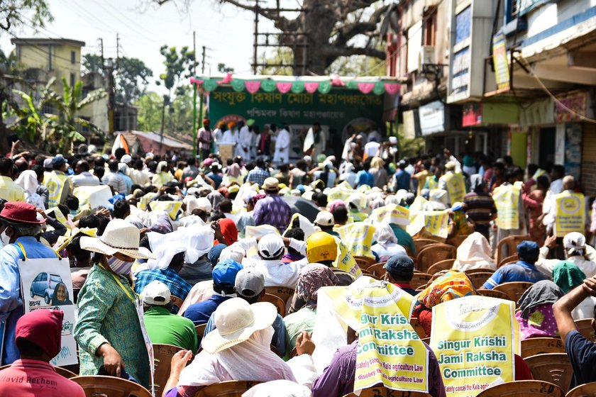 Left: Farmers from Singur and nearby areas gathered for the 'mahapanchayat' on March 14. Centre: Amarjeet Singh, who came from the Dunlop locality, said: 'We couldn't go to Delhi [to join the farmers’ protests} but we have come here, and until the black laws are repealed, we will support the agitation'. Right: Jitendra Singh and Navjyot Singh were there because they want the farmers of West Bengal to know more about MSP and the fallouts of the three farm laws