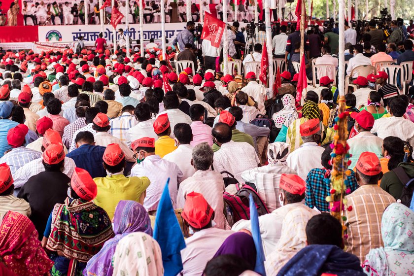 Left: Farmers at the sit-in protest in Mumbai’s Azad Maidan. Right: Narayan (wearing a cap) and others from Shirol taluka at a protest rally in Ichalkaranji town