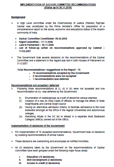 Implementation of Sachar Committee Recommendations (Status up to 30.11.2018)