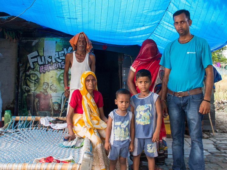 Shiv Shankar, his son Vijender Singh (left) and other cultivators describe the many changes in temperature, weather and climate affecting the Yamuna floodplains. Vijender singh at his farm and with his wife Savitri Devi, their two sons, and Shiv Shankar 