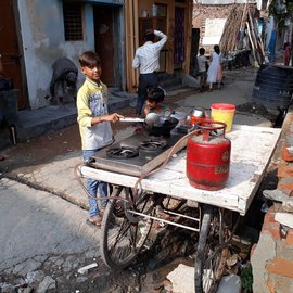 a boy with his pushcart