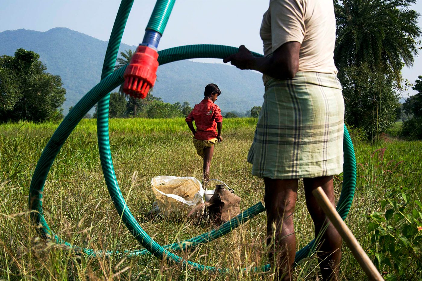 A child with facial deformity helping his father in farm