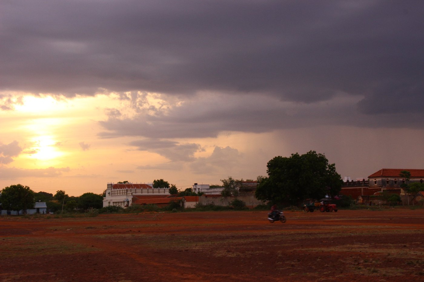 Long shot of field with man riding bike 